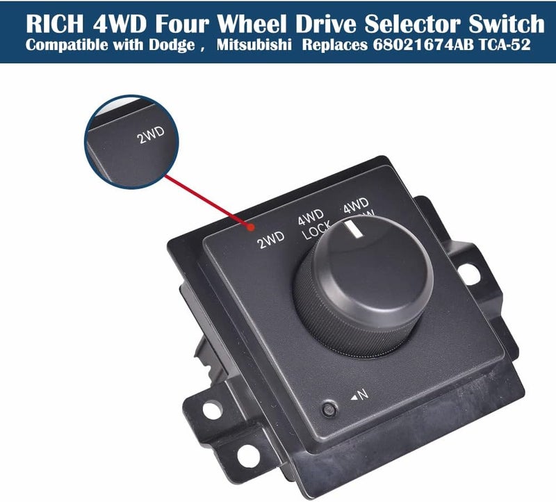 RICH AUTO Rich 4x4 Switch 4WD Four Wheel Drive Selector Switch Compatible with Dodge Dakota/Ram1500 2500 3500 Pickup/Ram 4500 5500 Mitsu-bishi Raider - Replaces 68021674AB TCA-52 - Image 4